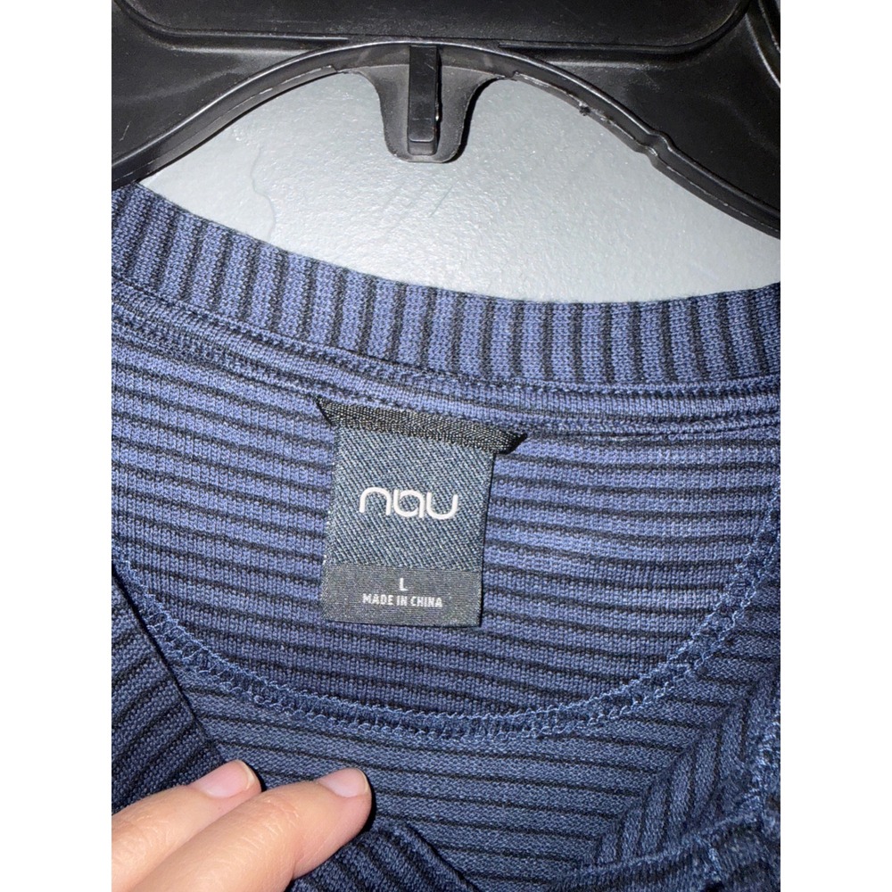 Nau Mens‎ Large Blue Striped Hemp Blend Long Sleeve Ribbed Henley Shirt - Picture 2 of 8